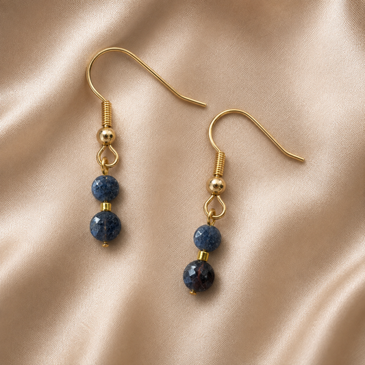 Gold-plated drop earrings with sapphire beads