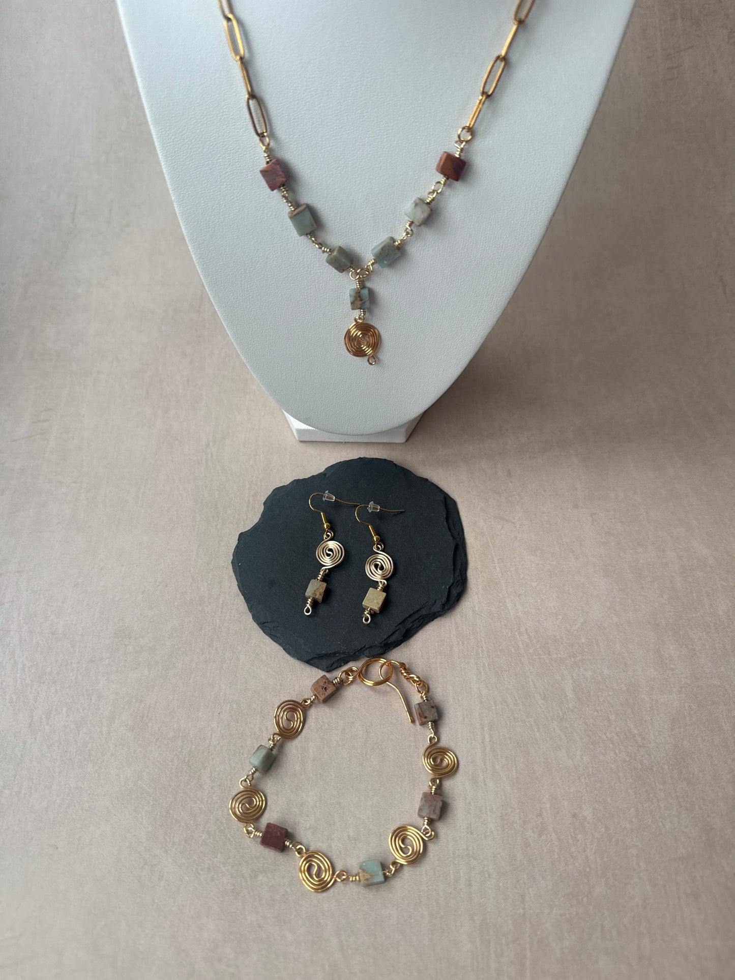 Shoushan Stone & Gold Spiral Drop Earrings