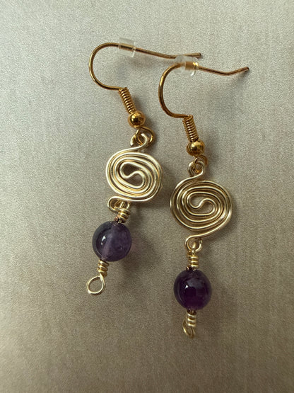 Gold Plated Spiral & Amethyst Bead Drop Earrings
