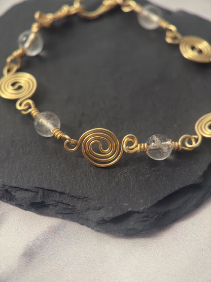 Gold Plated Spiral Bracelet with Clear Quartz Beads