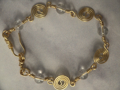 Gold Plated Spiral Bracelet with Clear Quartz Beads