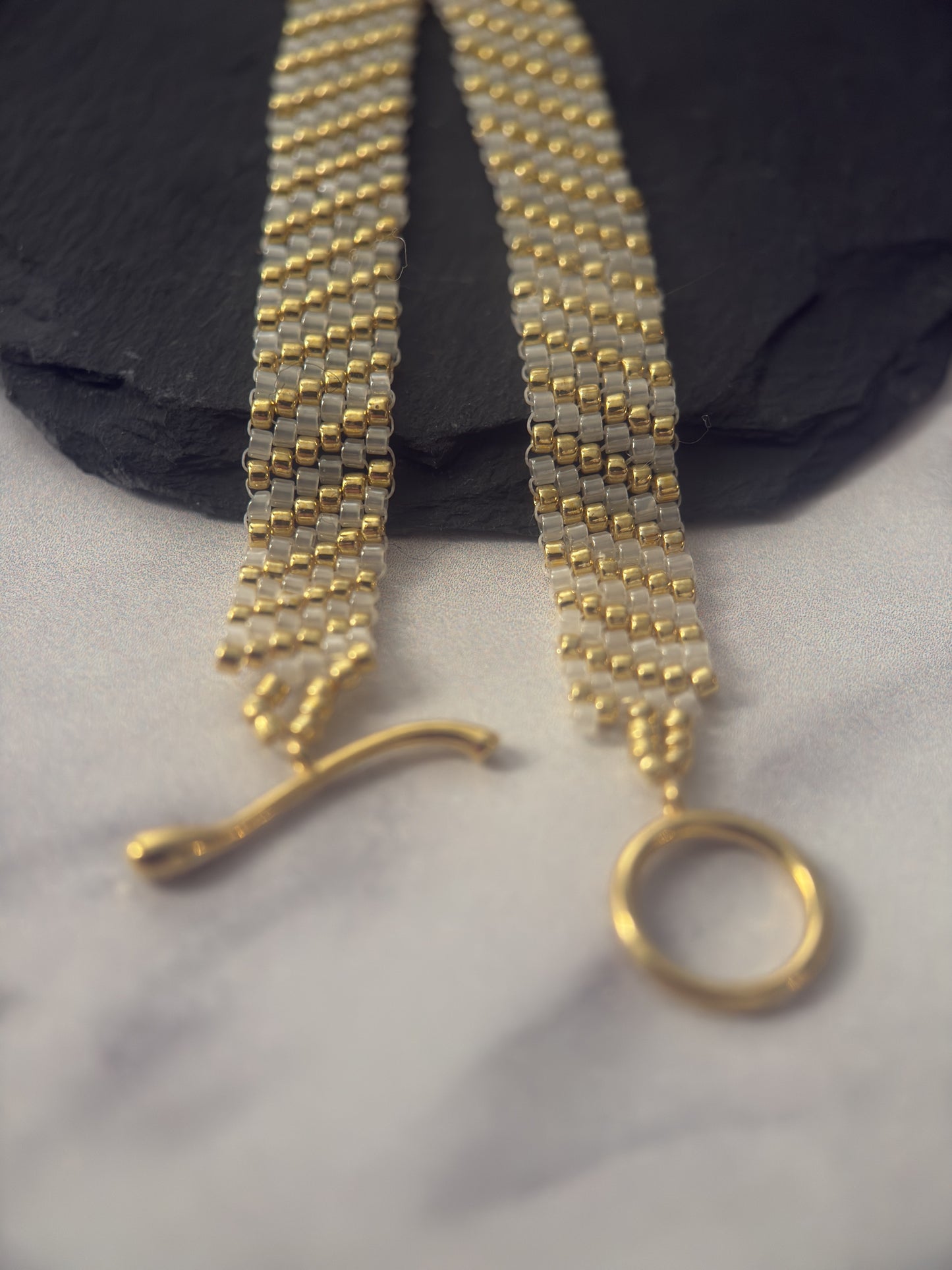 Hand Woven Gold & White Seed Bead Bracelet