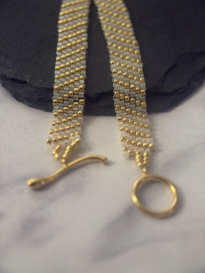 Hand Woven Gold & White Seed Bead Bracelet