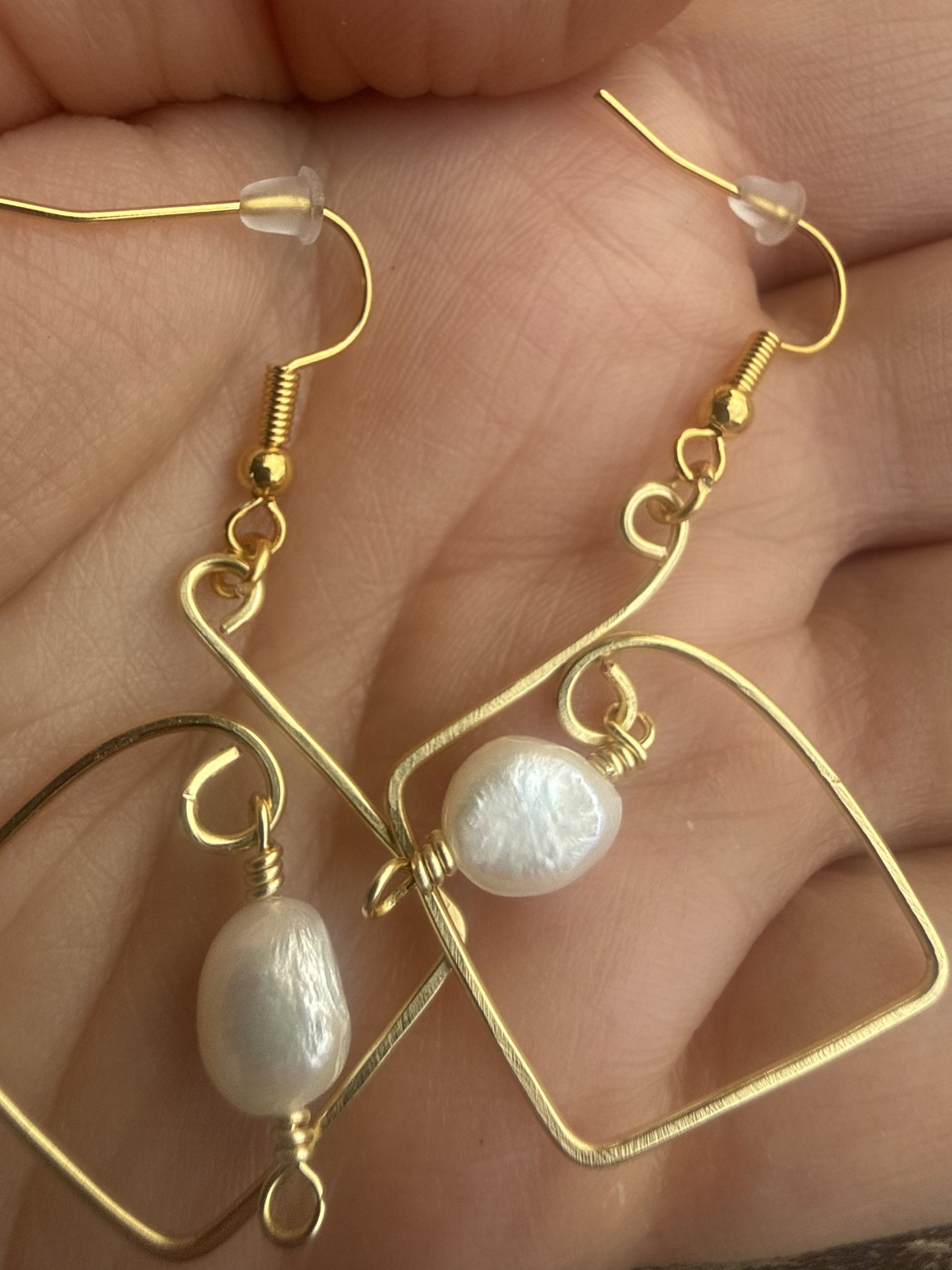 Gold Plated Square Hoop Earrings with Freshwater Pearls