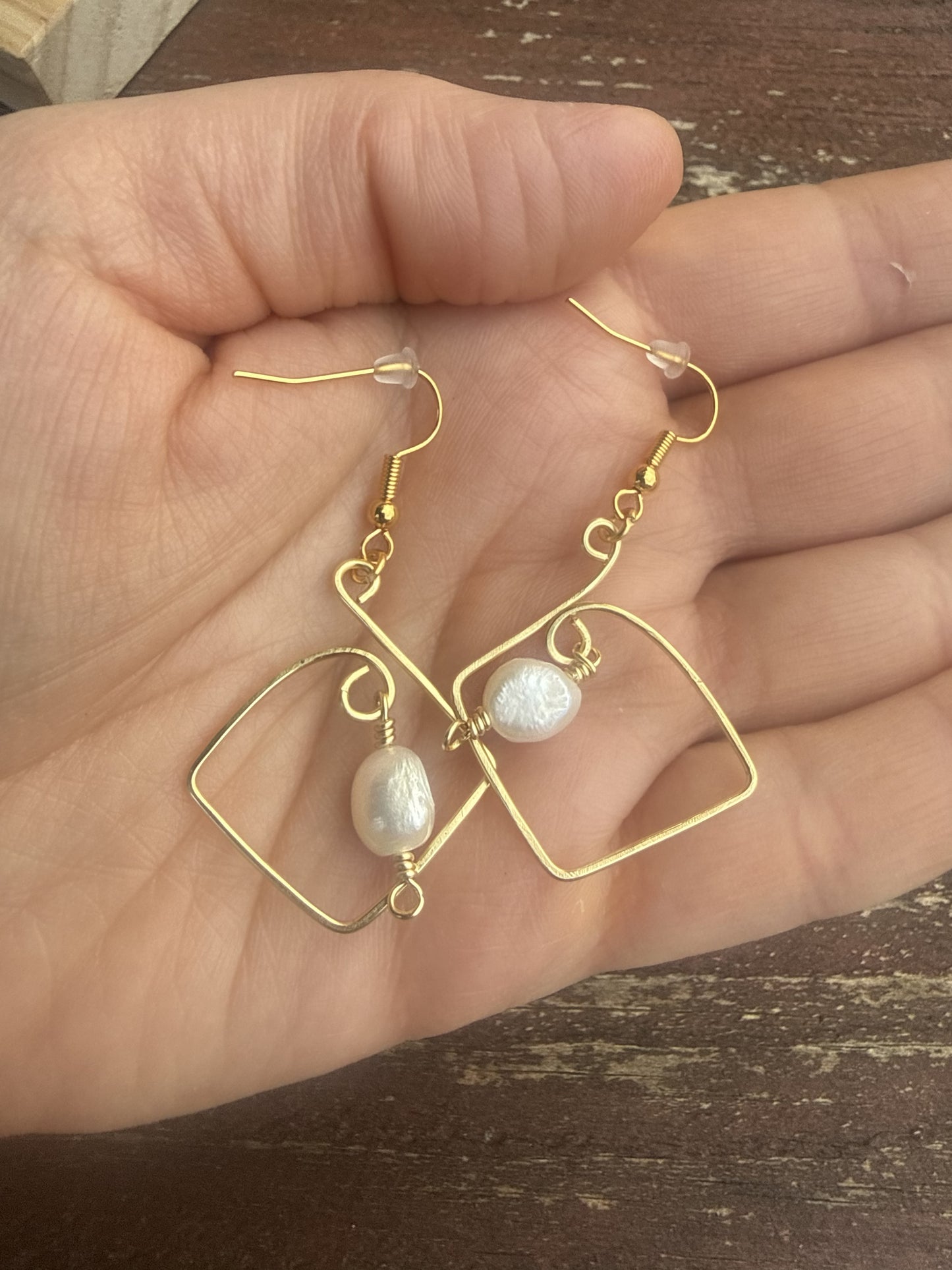 Gold Plated Square Hoop Earrings with Freshwater Pearls