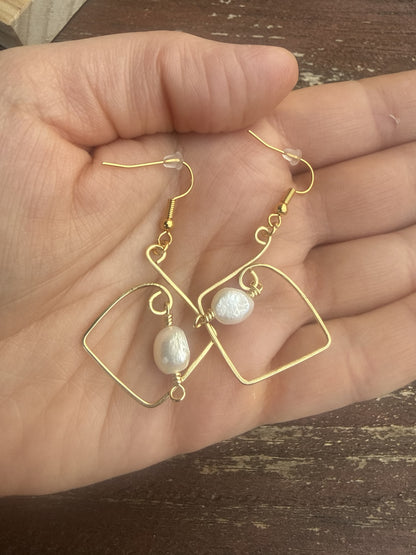 Gold Plated Square Hoop Earrings with Freshwater Pearls