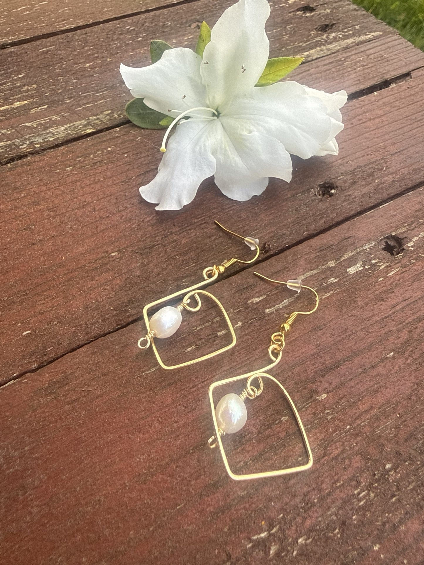 Gold Plated Square Hoop Earrings with Freshwater Pearls