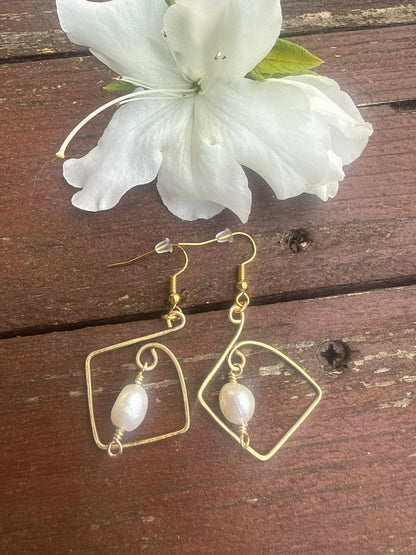 Gold Plated Square Hoop Earrings with Freshwater Pearls