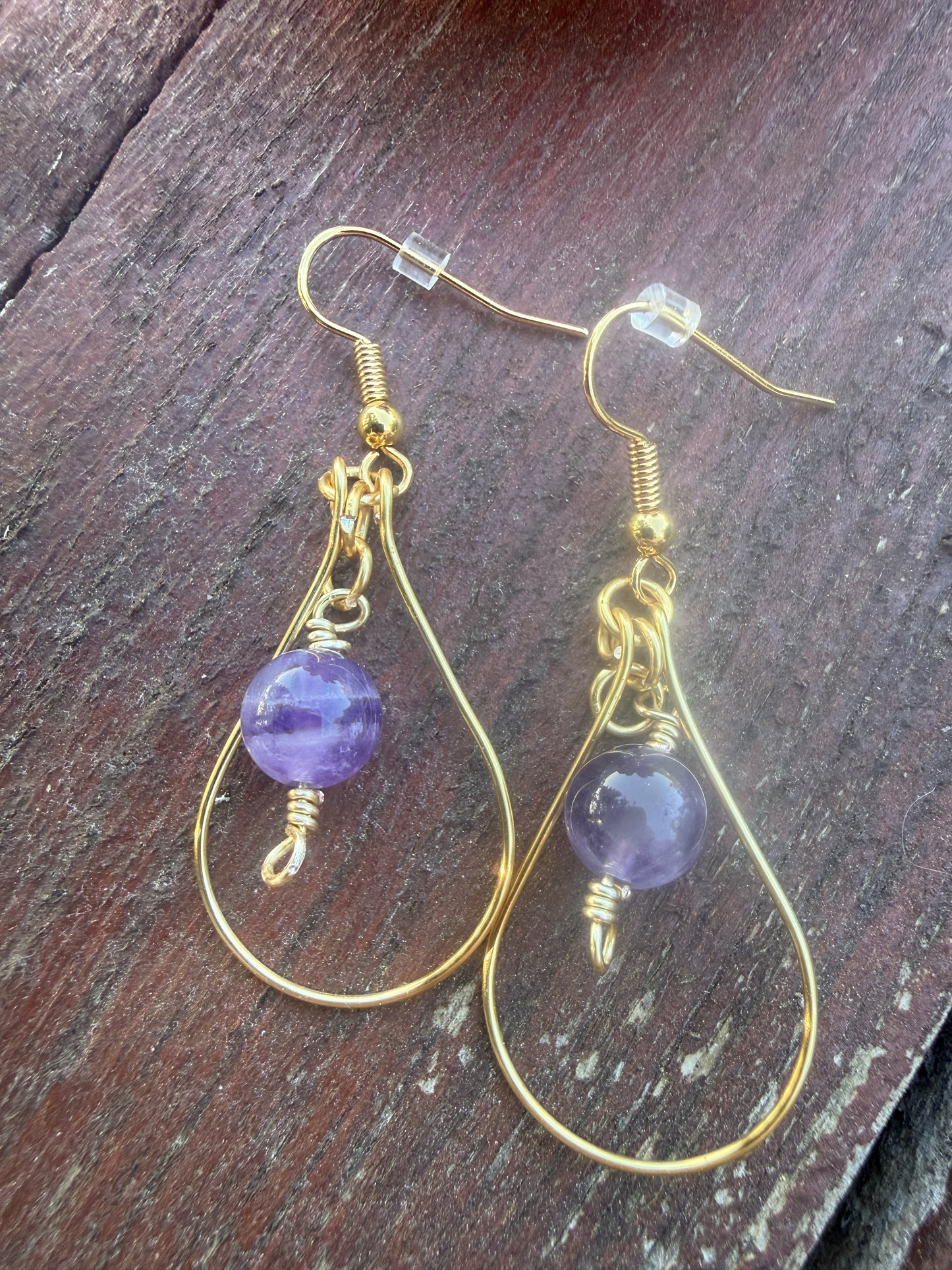 Gold Plated Tear Drop Hoop Earrings with Amethyst Beads