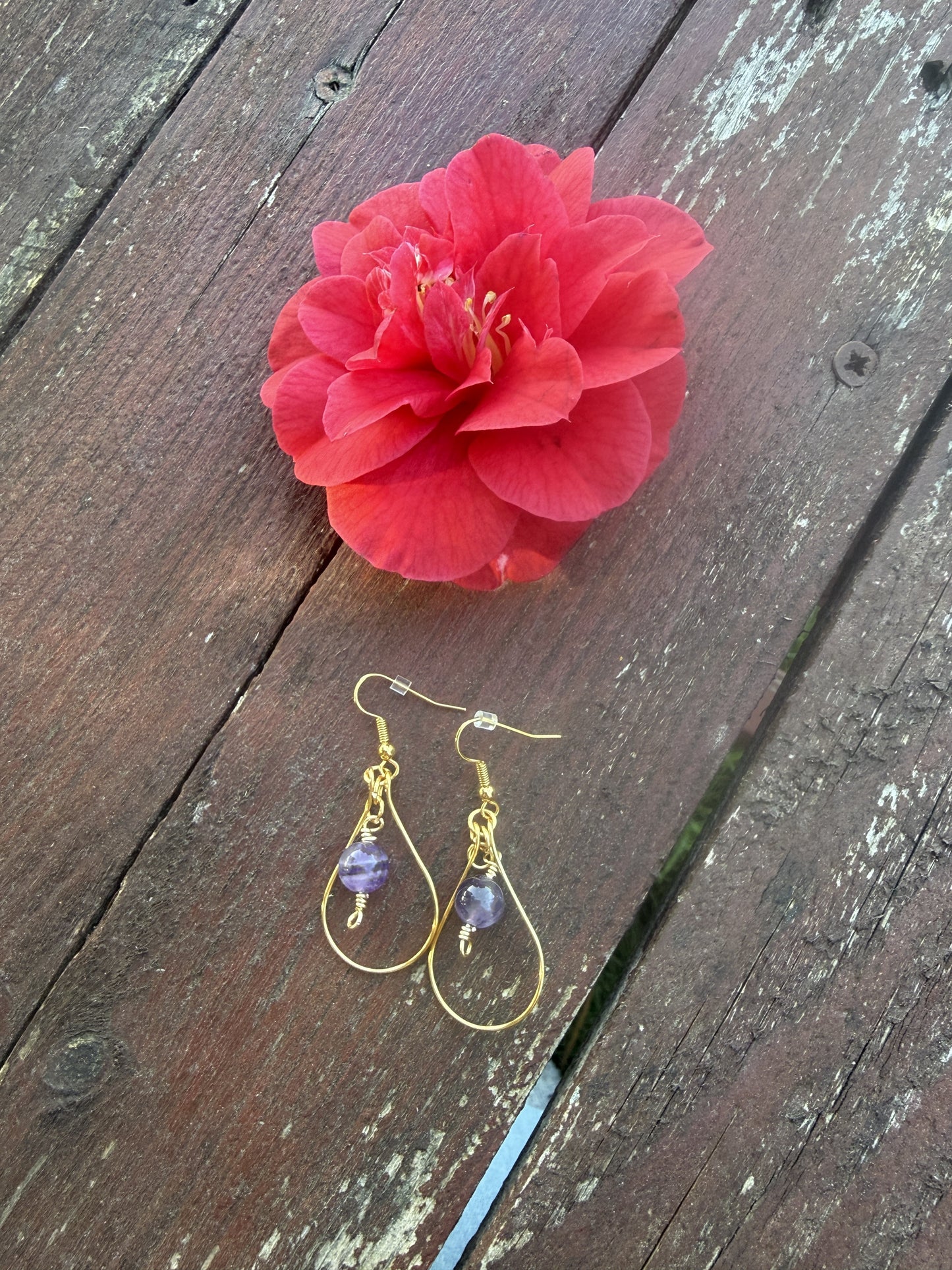 Gold Plated Tear Drop Hoop Earrings with Amethyst Beads