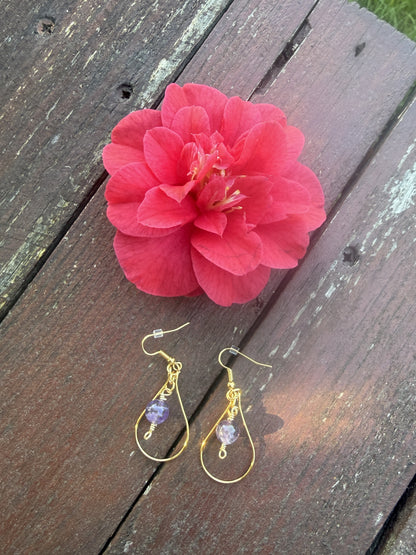 Gold Plated Tear Drop Hoop Earrings with Amethyst Beads