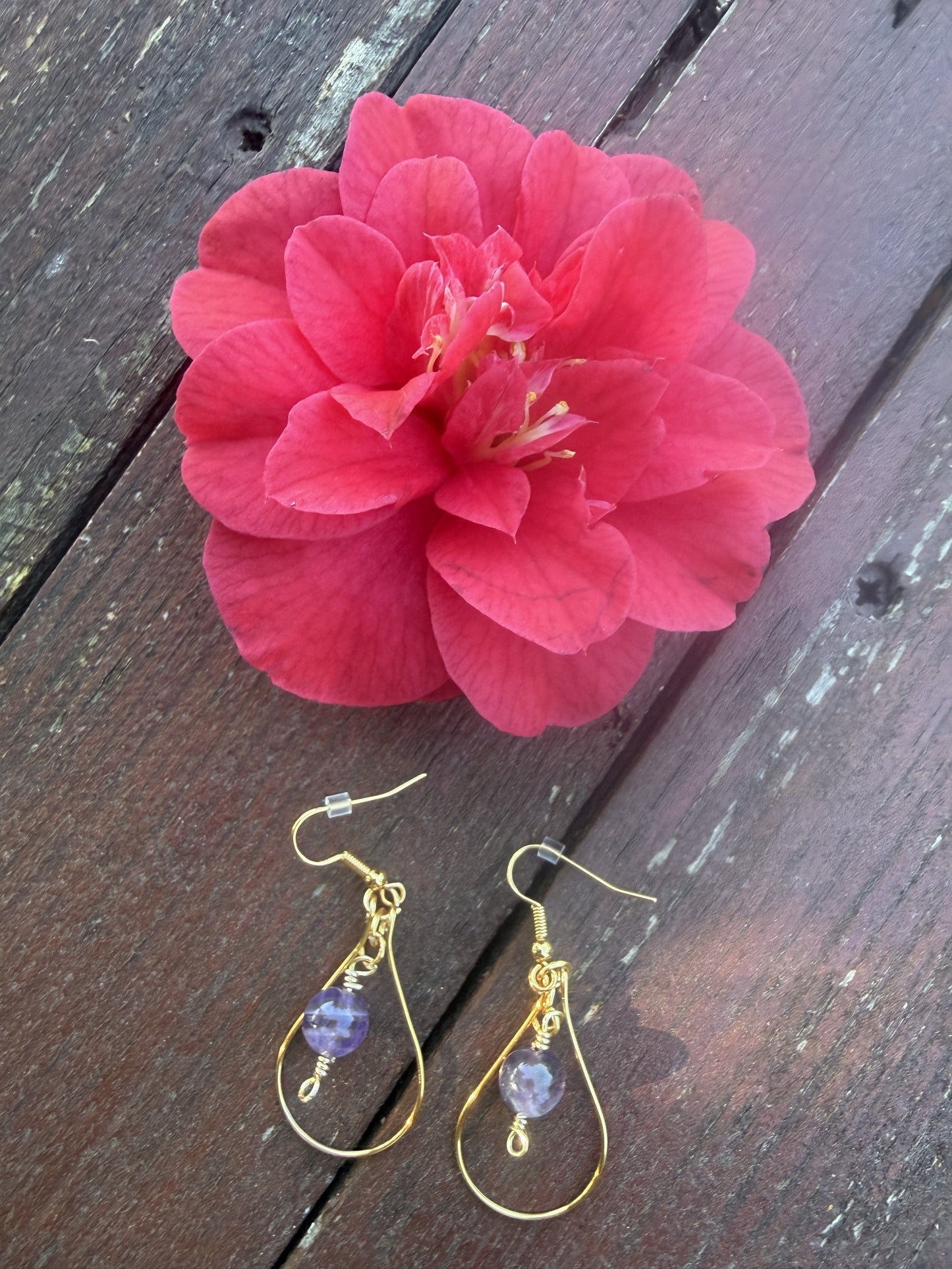Gold Plated Tear Drop Hoop Earrings with Amethyst Beads