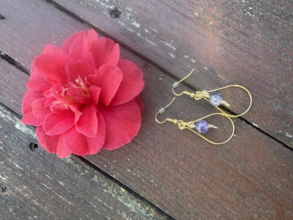 Gold Plated Tear Drop Hoop Earrings with Amethyst Beads