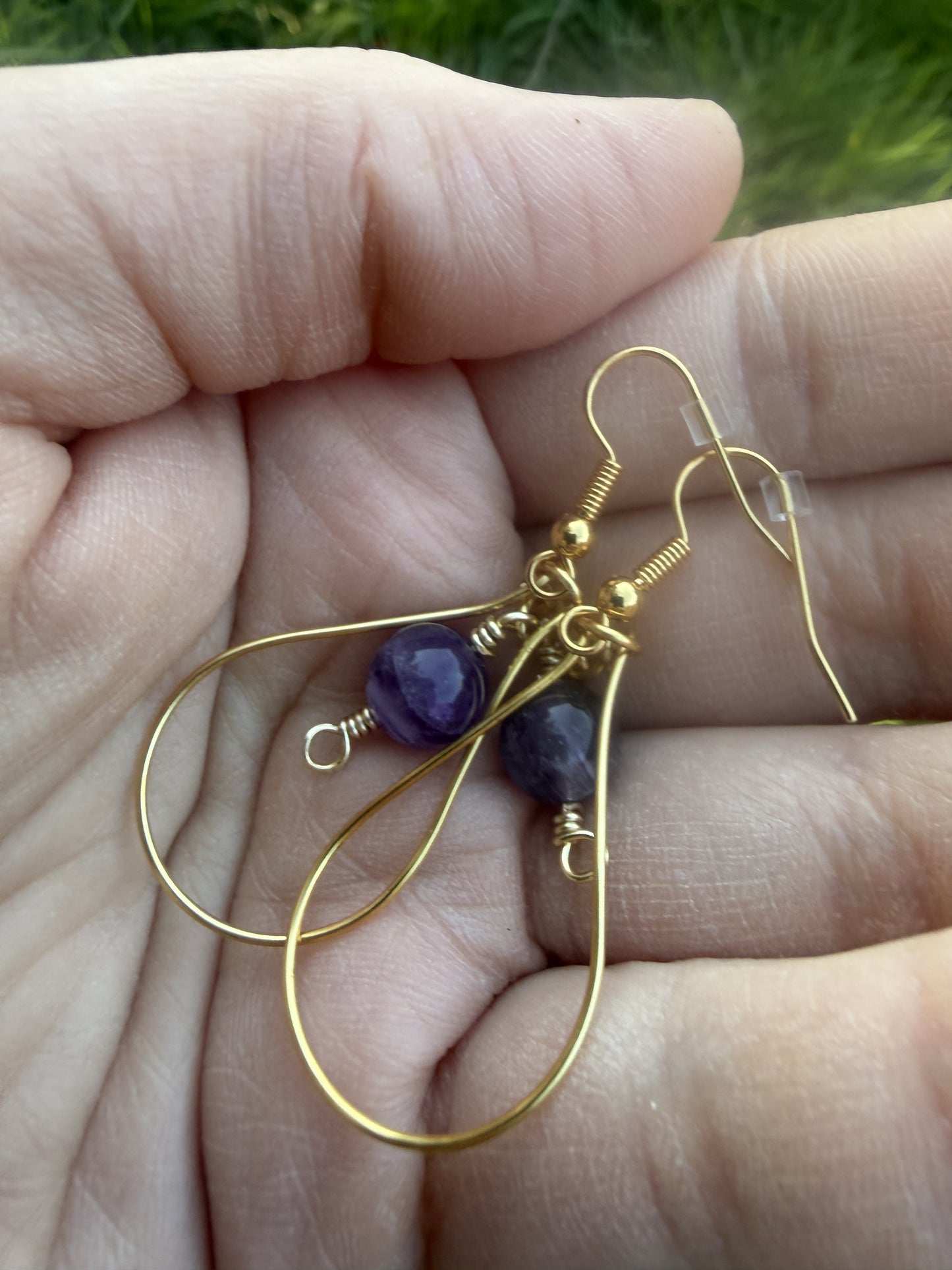 Gold Plated Tear Drop Hoop Earrings with Amethyst Beads