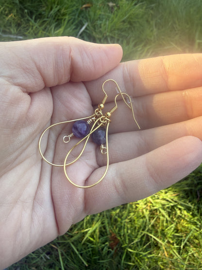 Gold Plated Tear Drop Hoop Earrings with Amethyst Beads