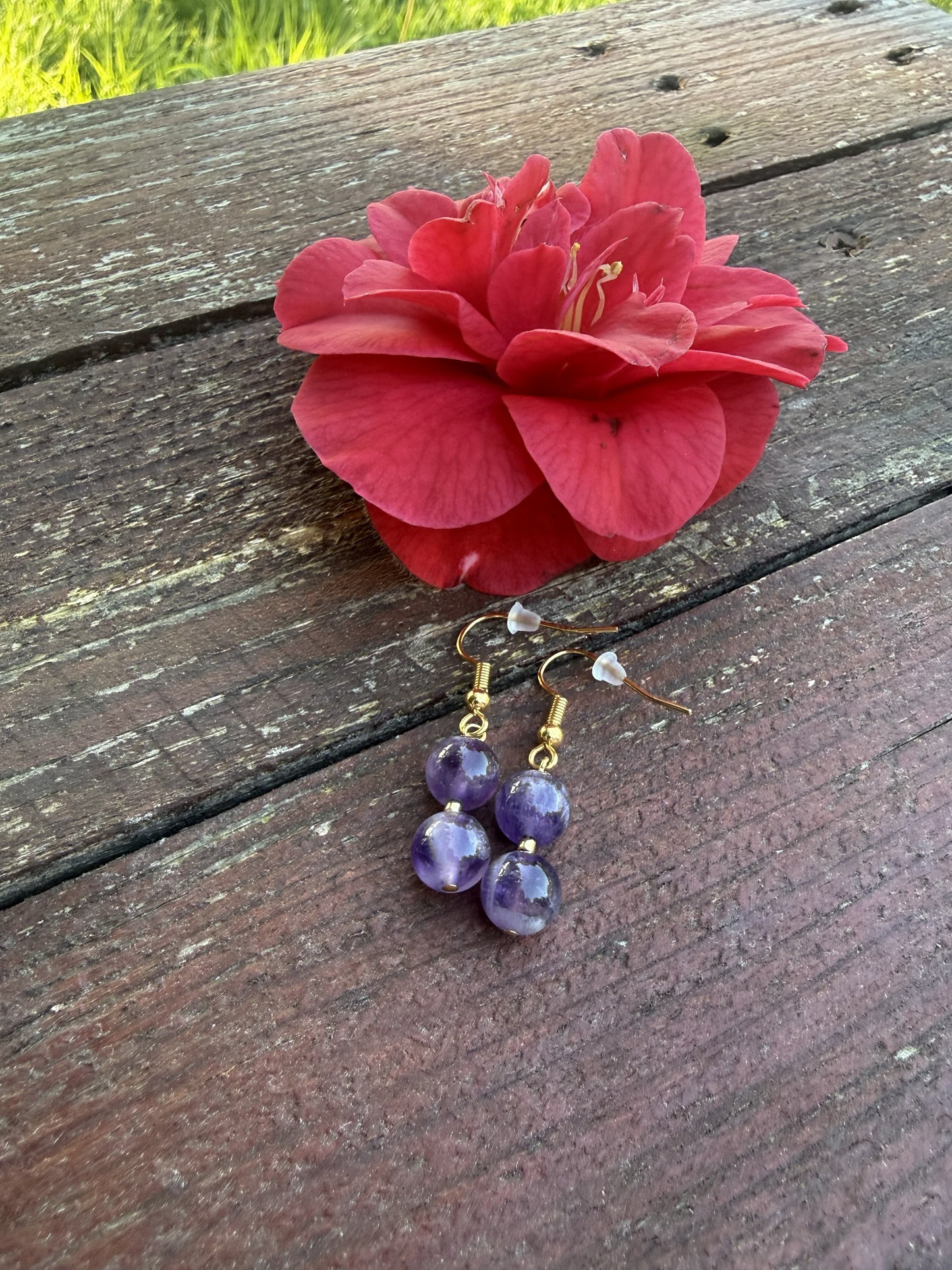 Gold Plated Double Drop Amethyst Earrings