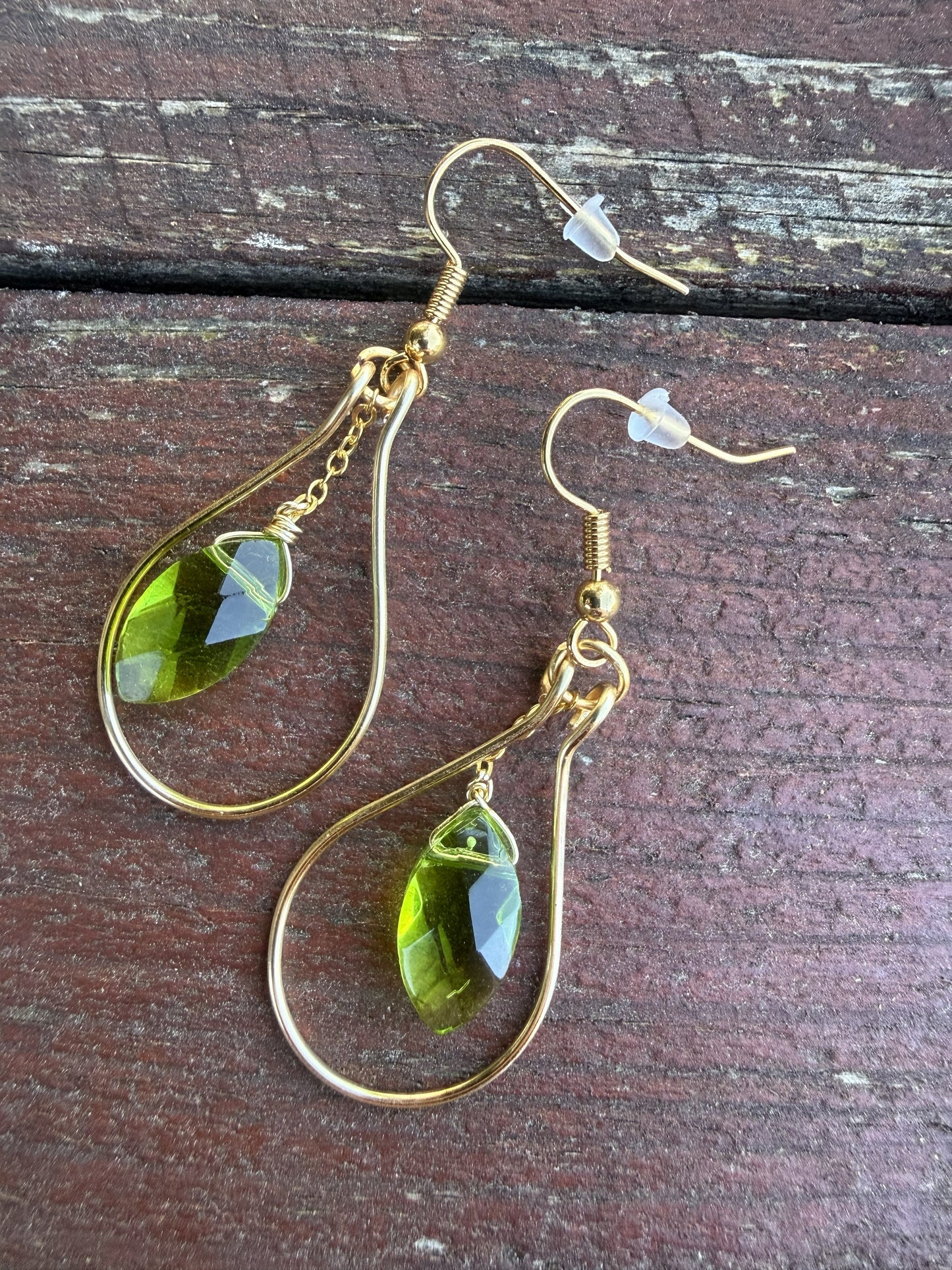 Gold Plated Teardrop Hoop Earrings with Green Glass Bead