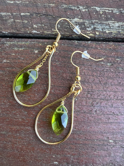 Gold Plated Teardrop Hoop Earrings with Green Glass Bead