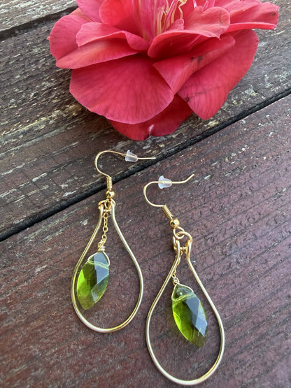 Gold Plated Teardrop Hoop Earrings with Green Glass Bead