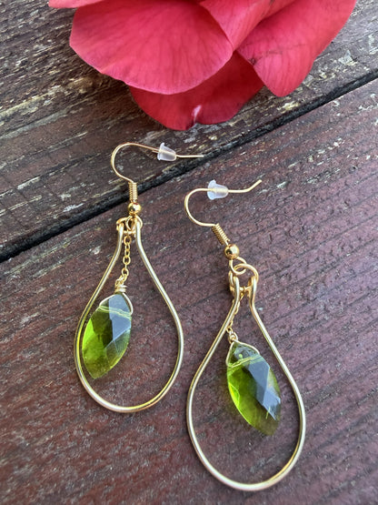 Gold Plated Teardrop Hoop Earrings with Green Glass Bead