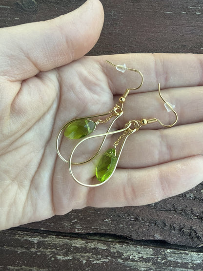 Gold Plated Teardrop Hoop Earrings with Green Glass Bead