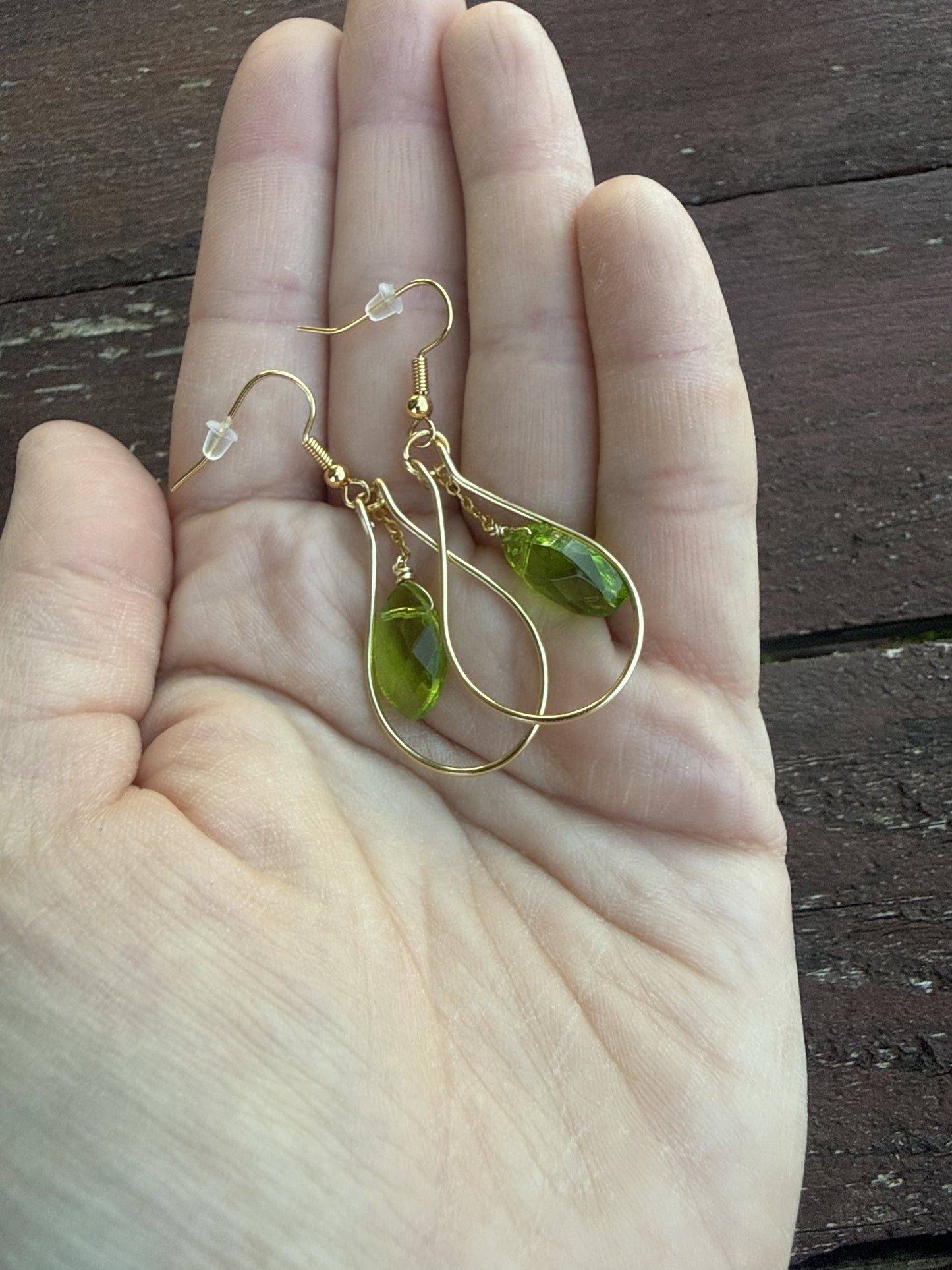 Gold Plated Teardrop Hoop Earrings with Green Glass Bead