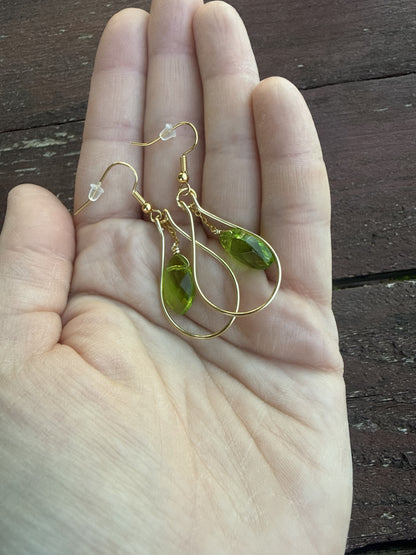 Gold Plated Teardrop Hoop Earrings with Green Glass Bead