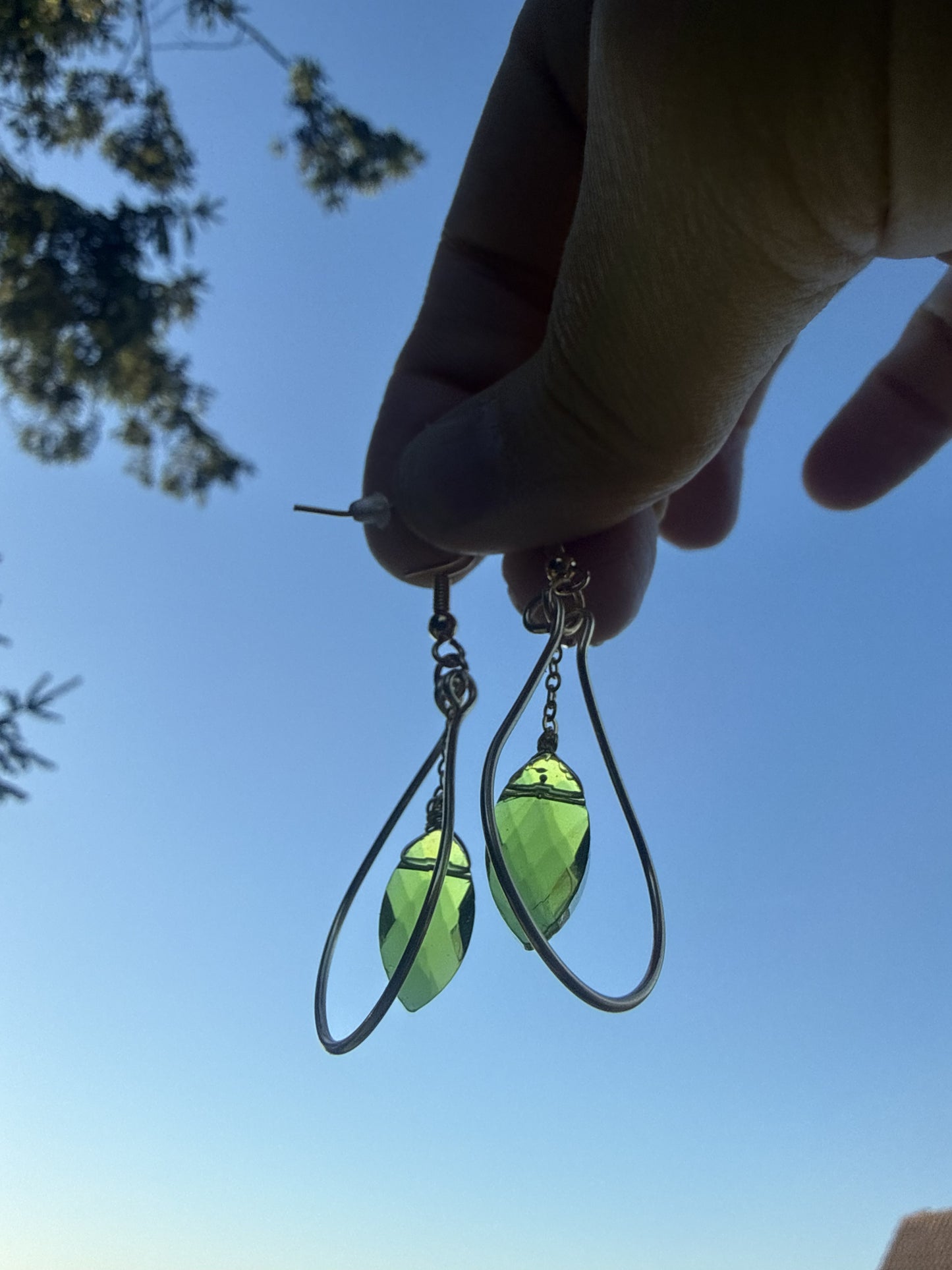 Gold Plated Teardrop Hoop Earrings with Green Glass Bead