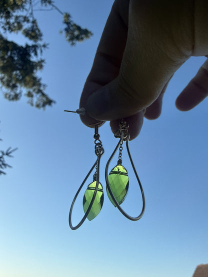 Gold Plated Teardrop Hoop Earrings with Green Glass Bead