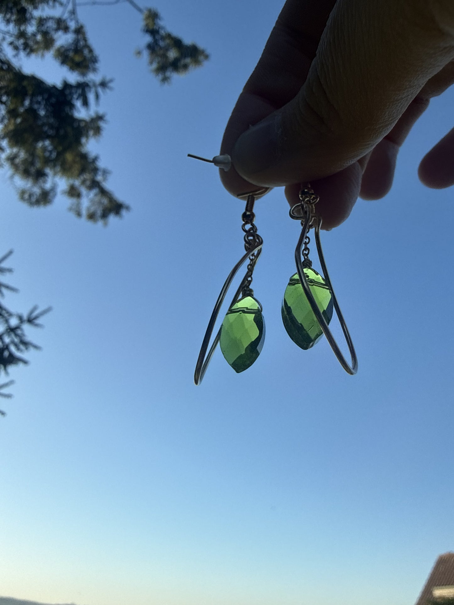 Gold Plated Teardrop Hoop Earrings with Green Glass Bead