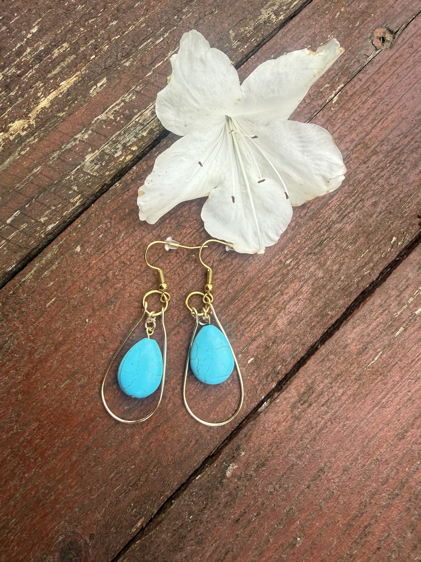 Gold Plated Teardrop Hoop Earrings with Howlite Beads