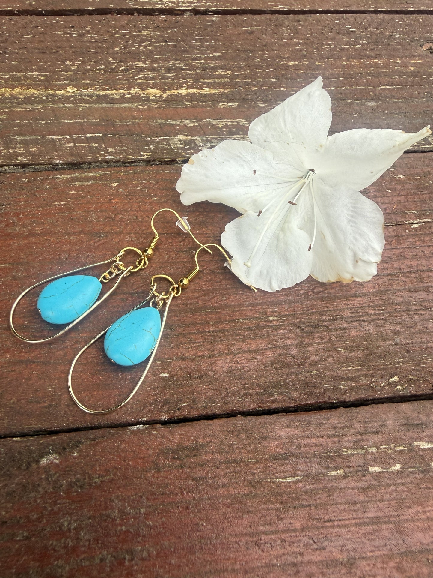Gold Plated Teardrop Hoop Earrings with Howlite Beads