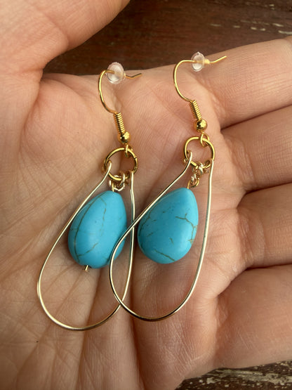 Gold Plated Teardrop Hoop Earrings with Howlite Beads