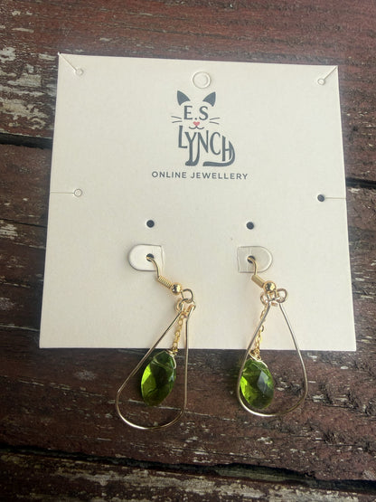 Gold Plated Teardrop Hoop Earrings with Green Glass Bead