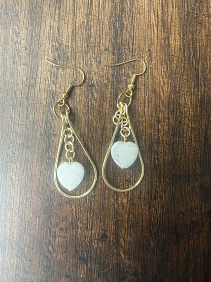 Gold Plated Teardrop Hoop Earrings with Heart Moonstone Bead
