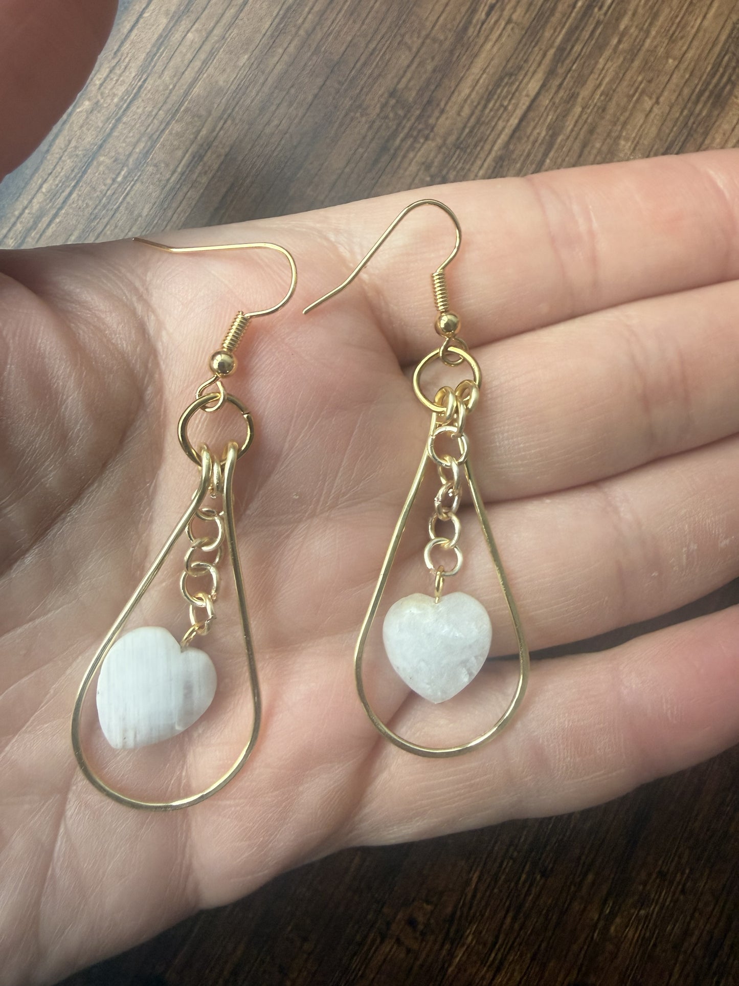 Gold Plated Teardrop Hoop Earrings with Heart Moonstone Bead