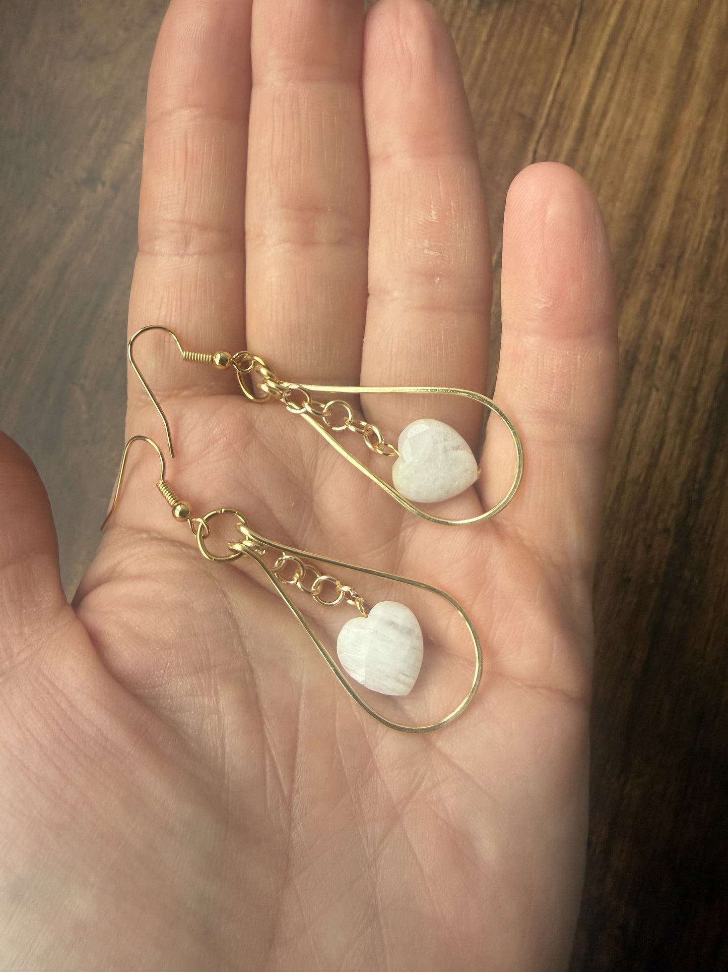 Gold Plated Teardrop Hoop Earrings with Heart Moonstone Bead