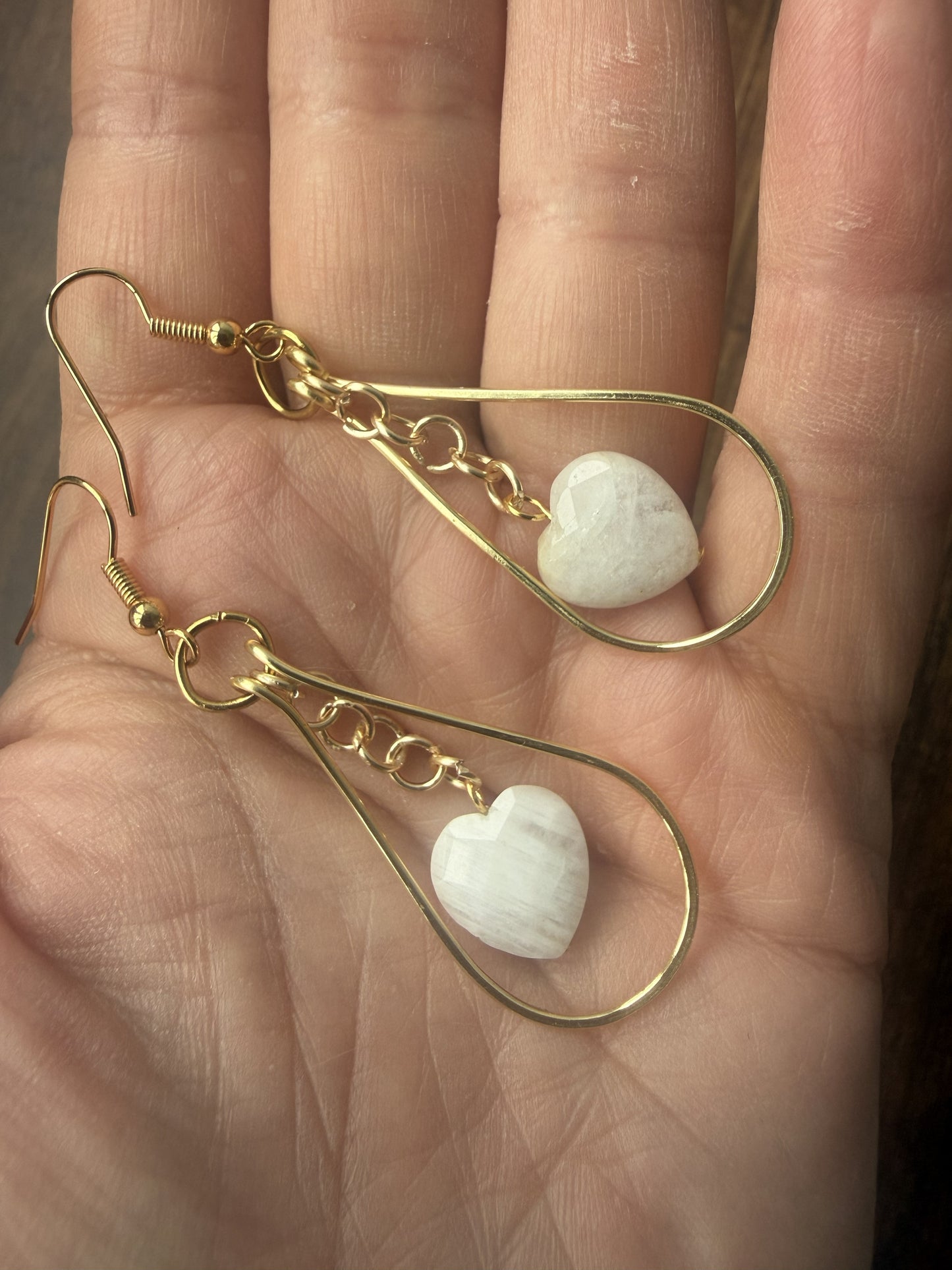 Gold Plated Teardrop Hoop Earrings with Heart Moonstone Bead