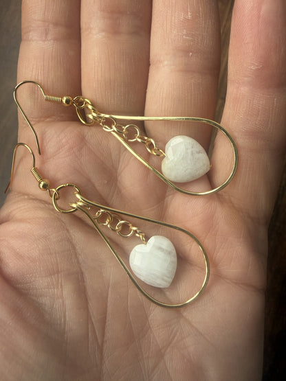 Gold Plated Teardrop Hoop Earrings with Heart Moonstone Bead