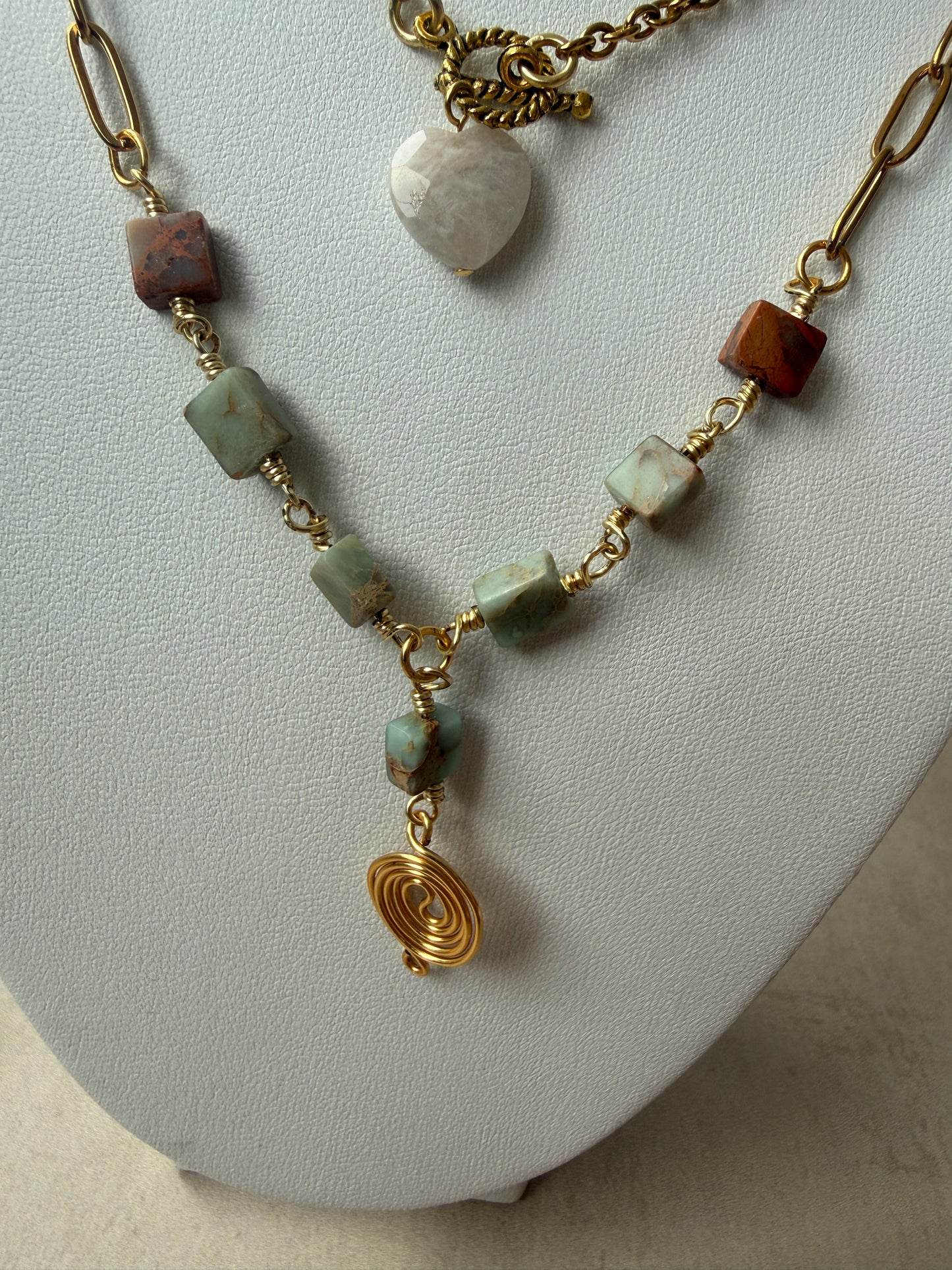 Shoushan Stone & Gold Spiral Longline Necklace