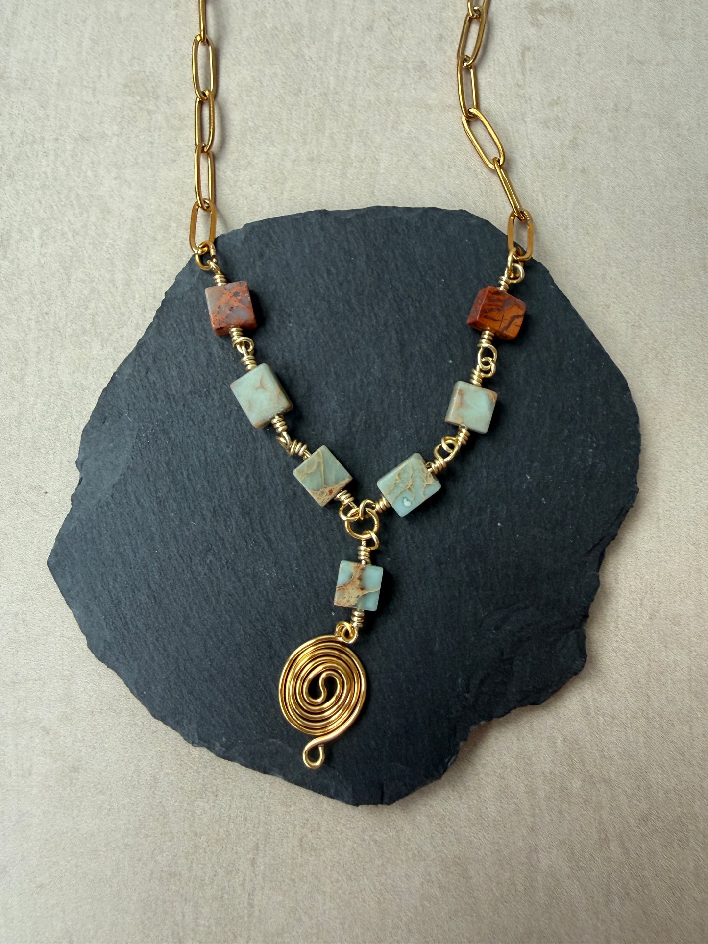 Shoushan Stone & Gold Spiral Longline Necklace