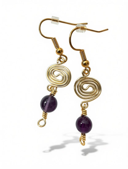 Gold Plated Spiral & Amethyst Bead Drop Earrings