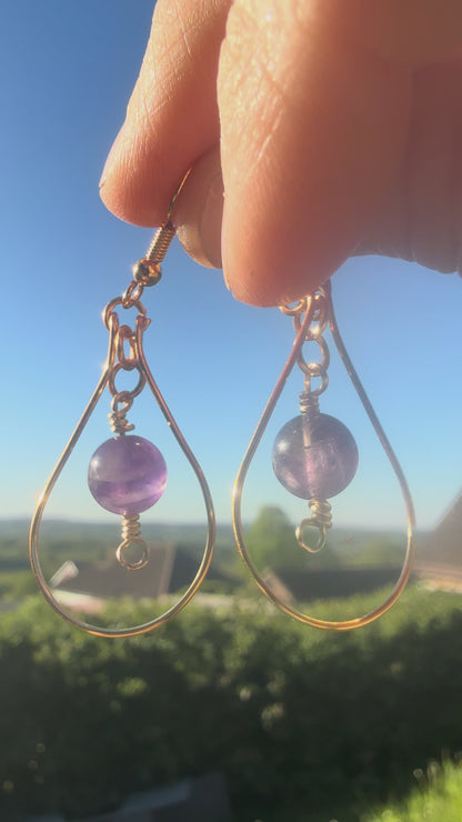 Gold Plated Tear Drop Hoop Earrings with Amethyst Beads